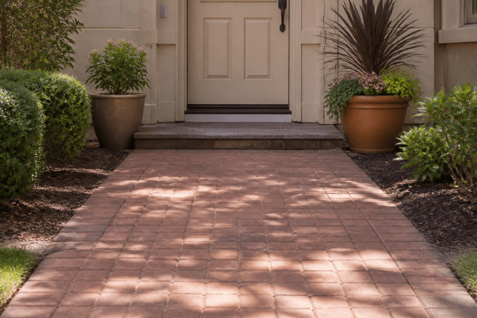 Last meter of a brick path to a beige door, pots beside the walk, latch in view
