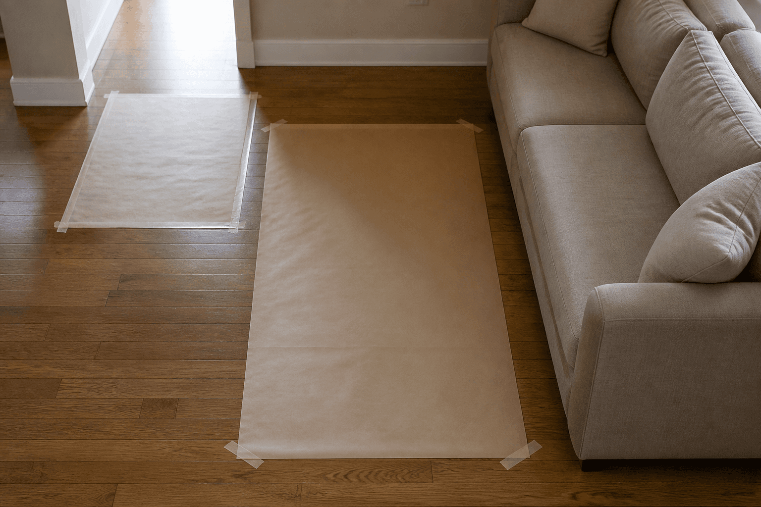 Paper rectangles taped on a wood floor next to a sofa that pinches the aisle