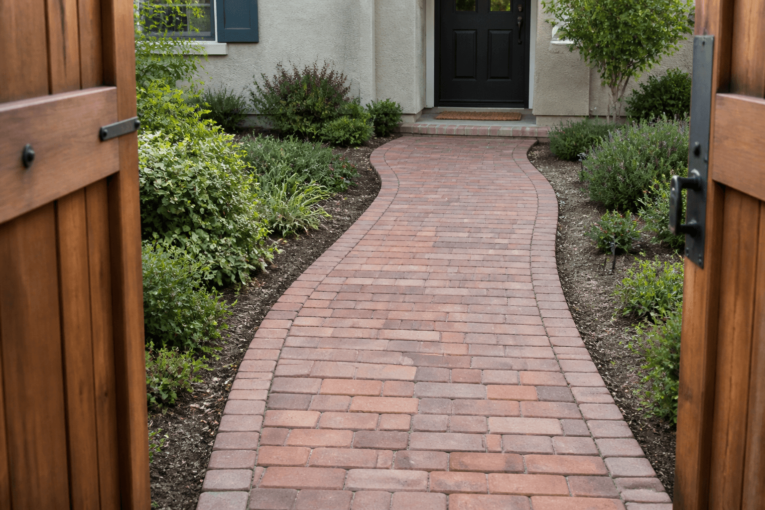 Clear curved brick path from an open wood gate to a front door with a mat