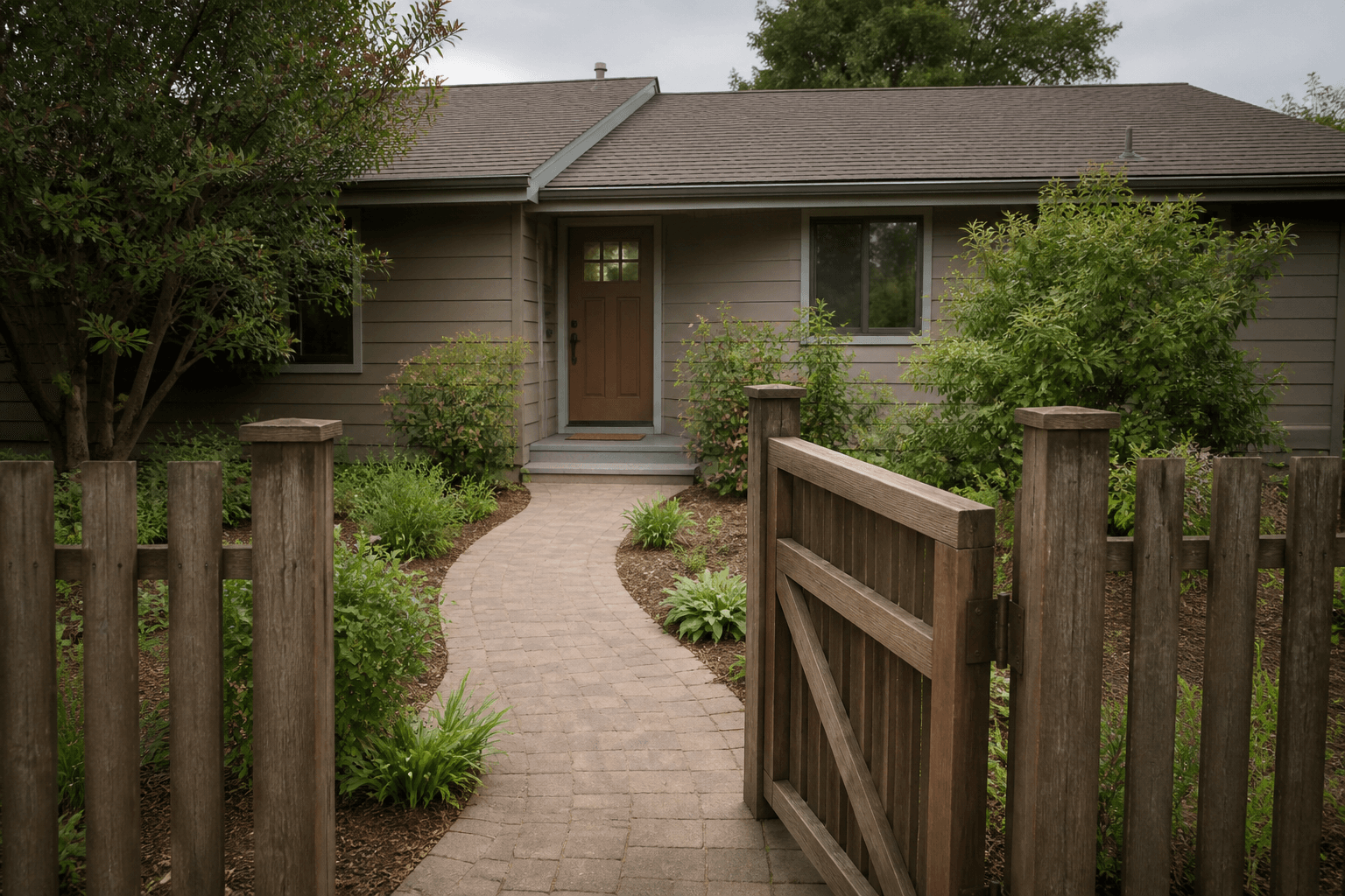 Wooden garden gate slightly open onto a curved brick path leading to a front door, feng shui gate and path