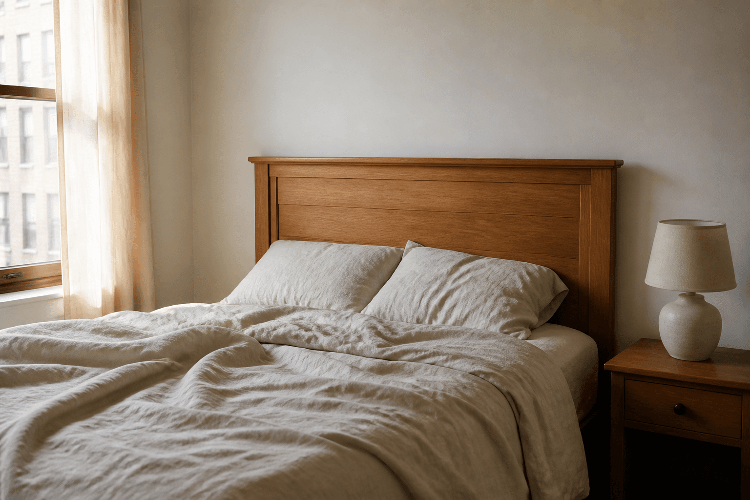 Cream rental bedroom, solid wood panel Feng Shui headboard, oatmeal duvet, nightstand lamp, sheer curtains