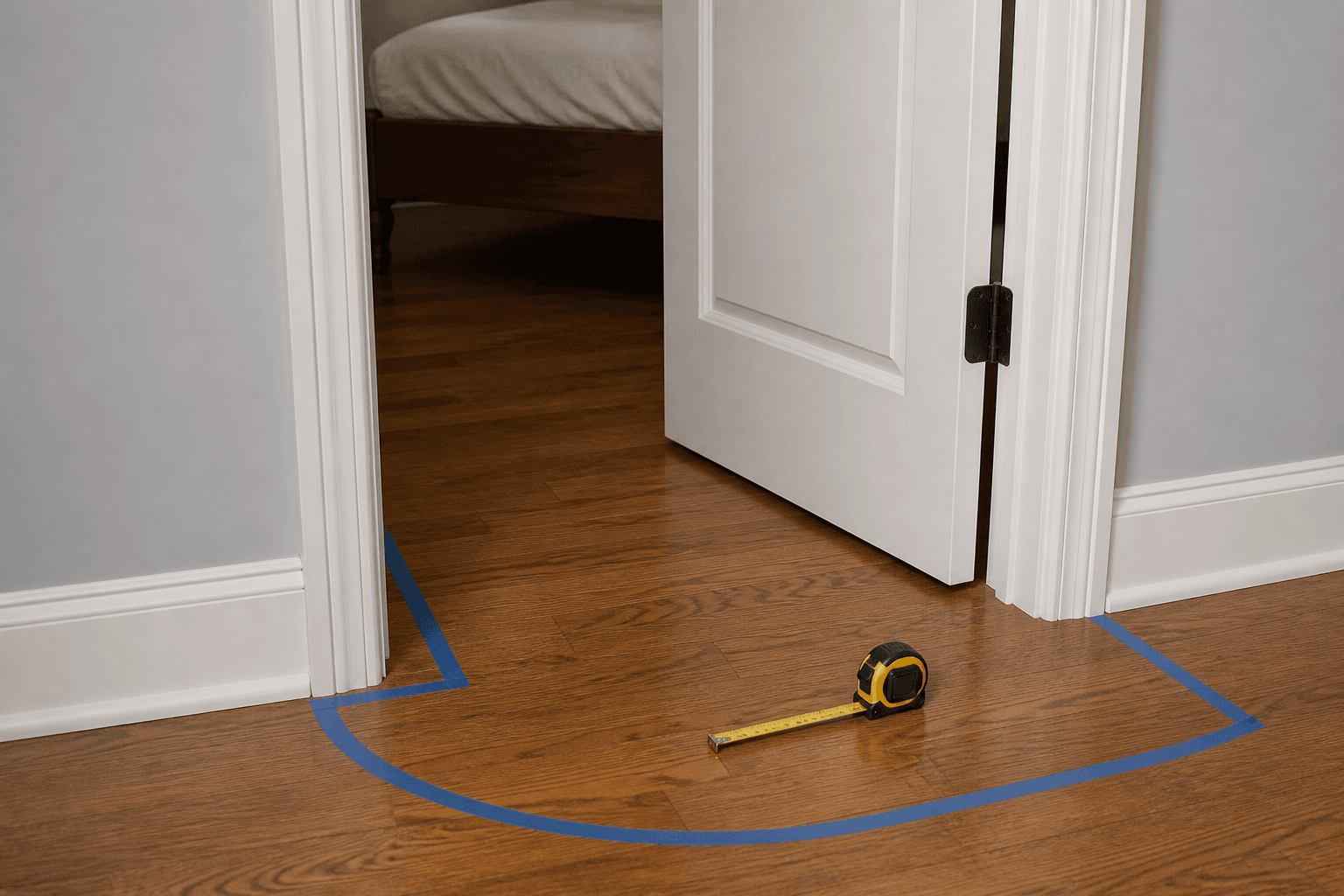 Open bedroom door with painter tape marking the swing arc and a tape measure on the wood floor