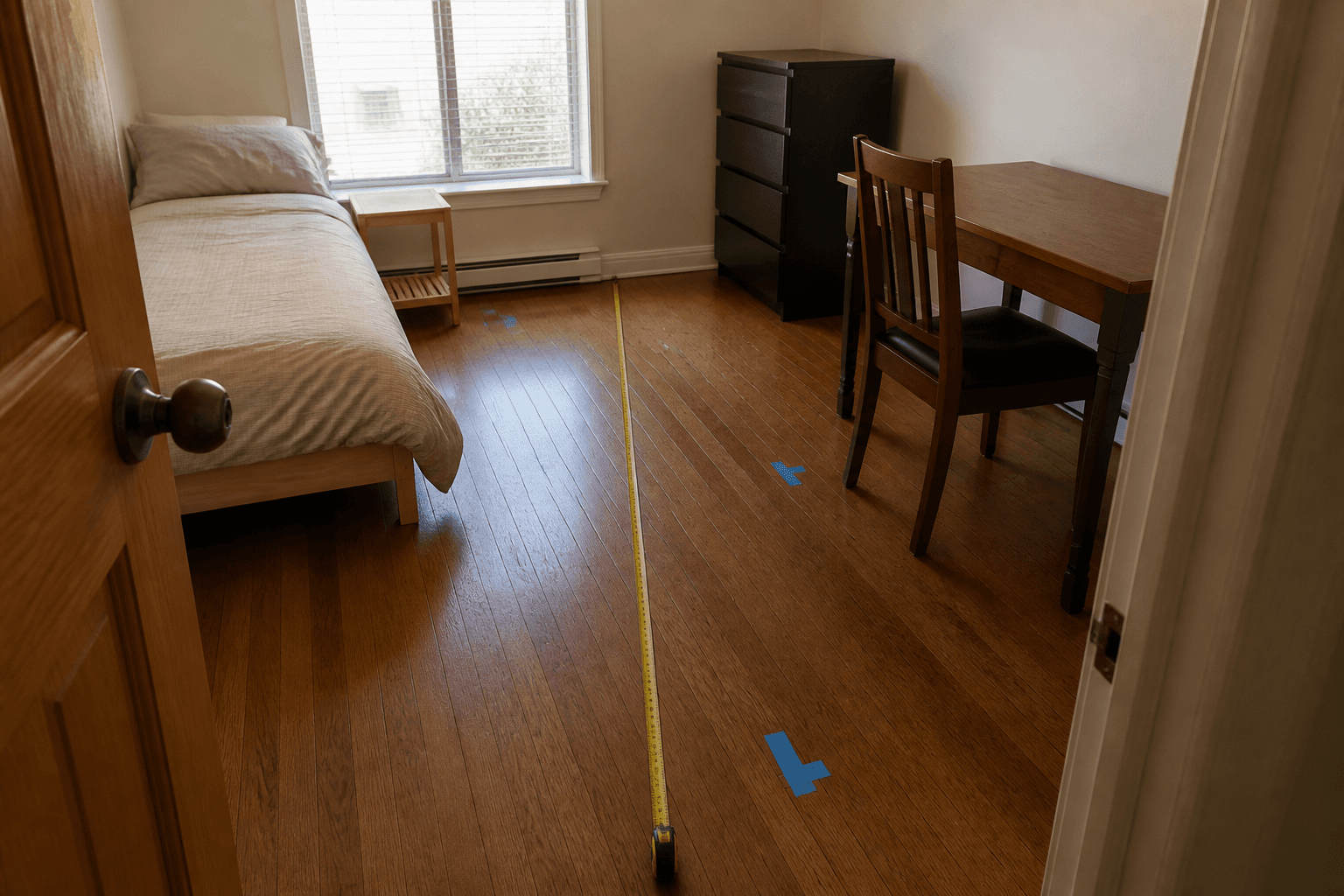 Tape measure on a rental wood floor from the doorway toward a bed, painter marks, feng shui how to measure a room