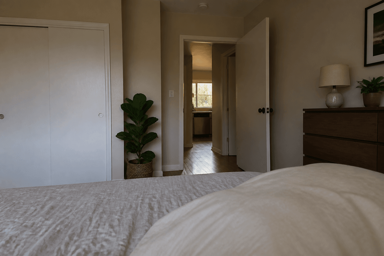 View from a pillow toward an open bedroom door