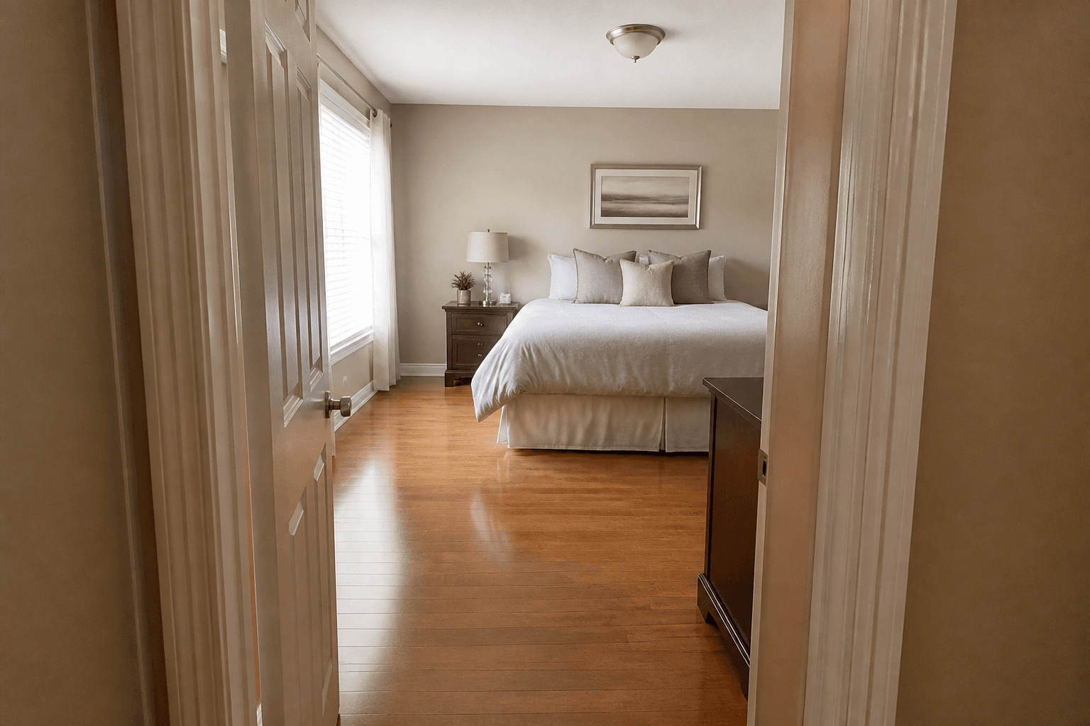 View from an open bedroom door toward a made bed, feng shui how to photograph a room
