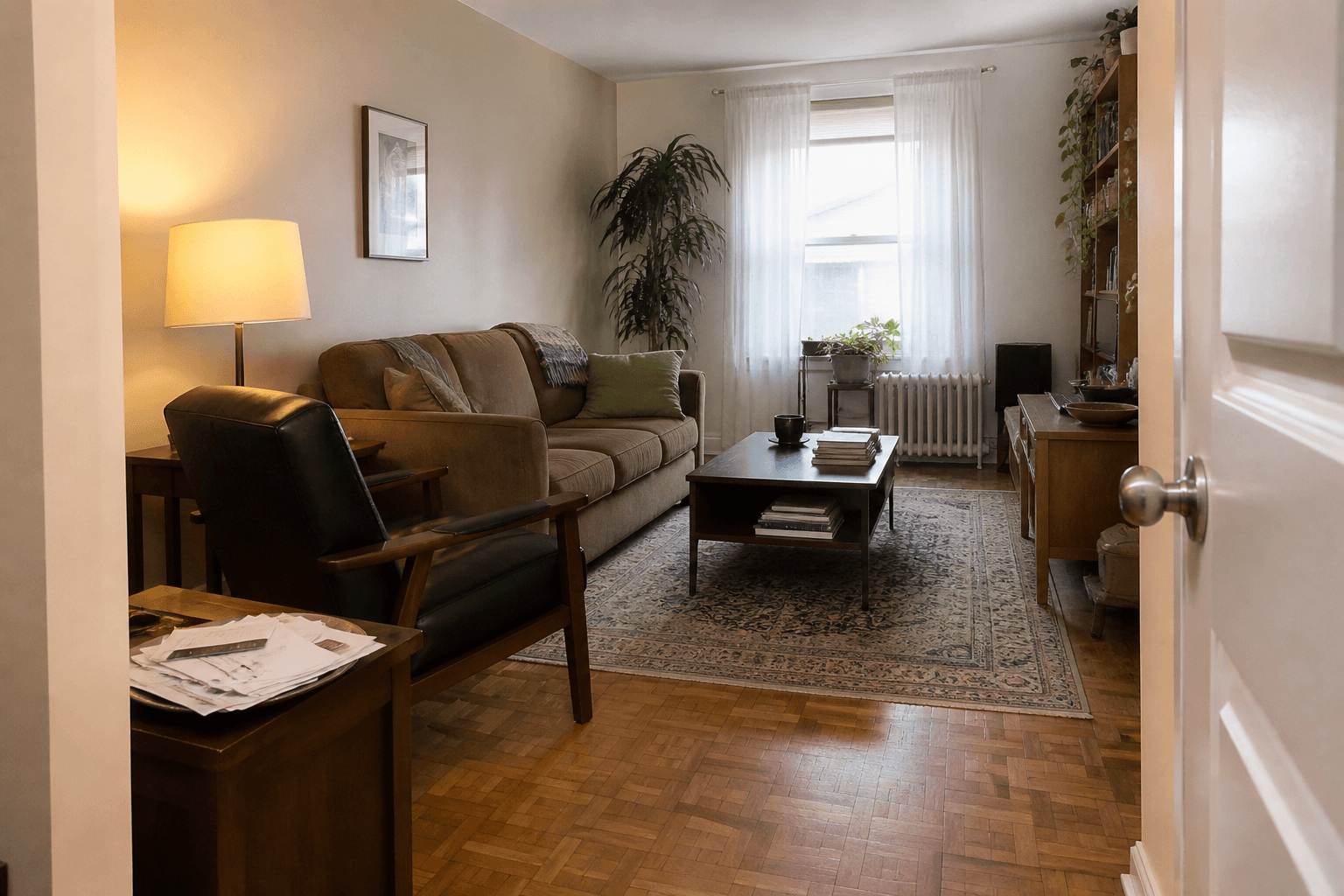 Lived-in rental living room from the doorway, backed chair, lamp, mail on a side table in daylight, feng shui how to start