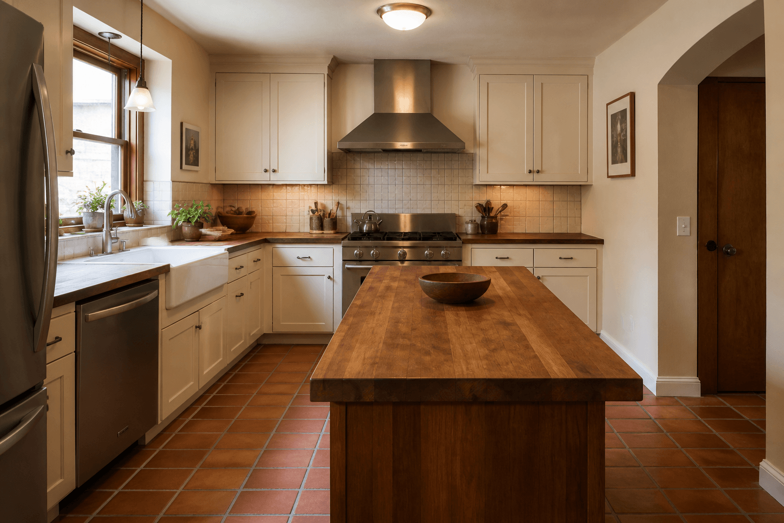 Wood butcher-block kitchen island with a clear path to a back-wall range, feng shui kitchen island