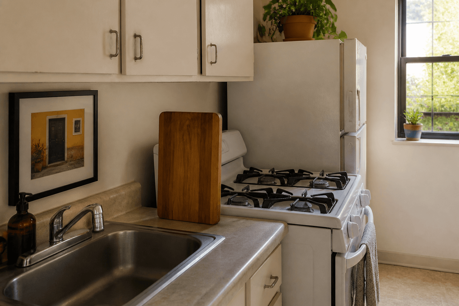 Rental kitchen sink beside a stove with a wood board between them, feng shui kitchen sink placement