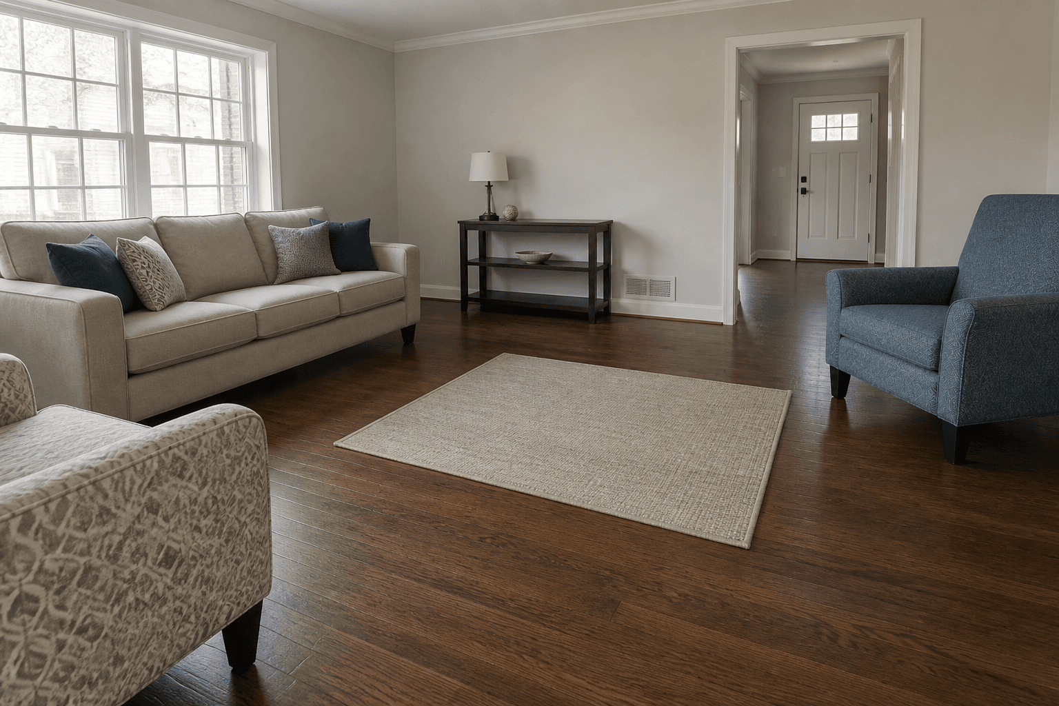 Small rug in the middle of a living room with sofa and chairs fully off it