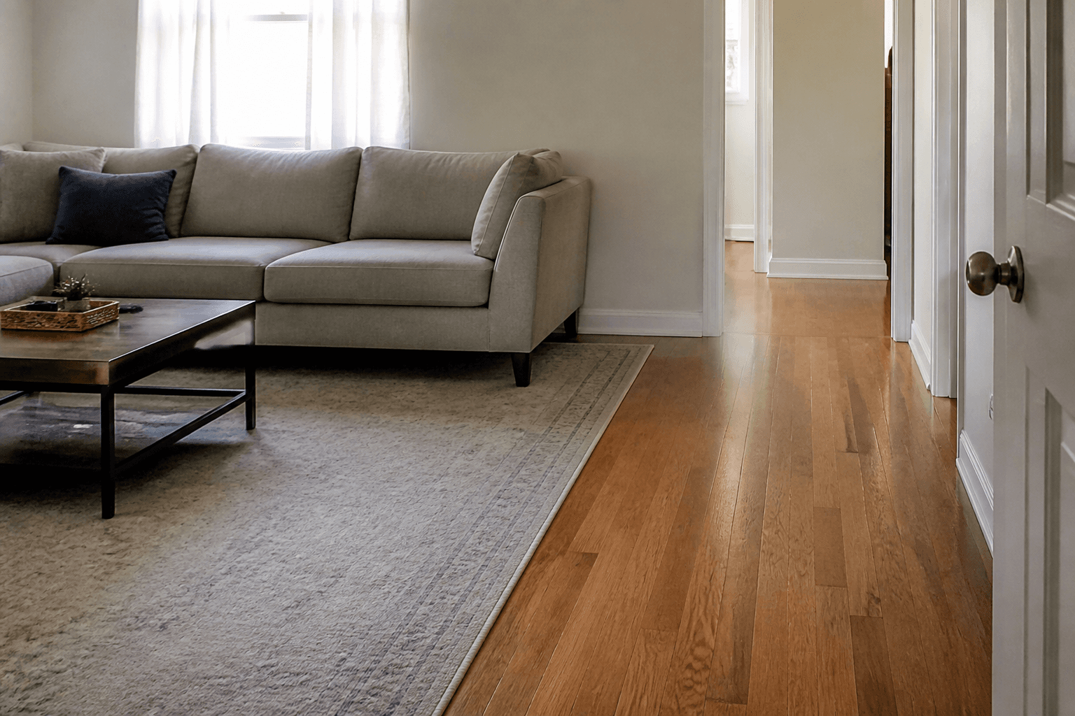 Large rug with sofa front legs on it and a clear wood walk from an open door