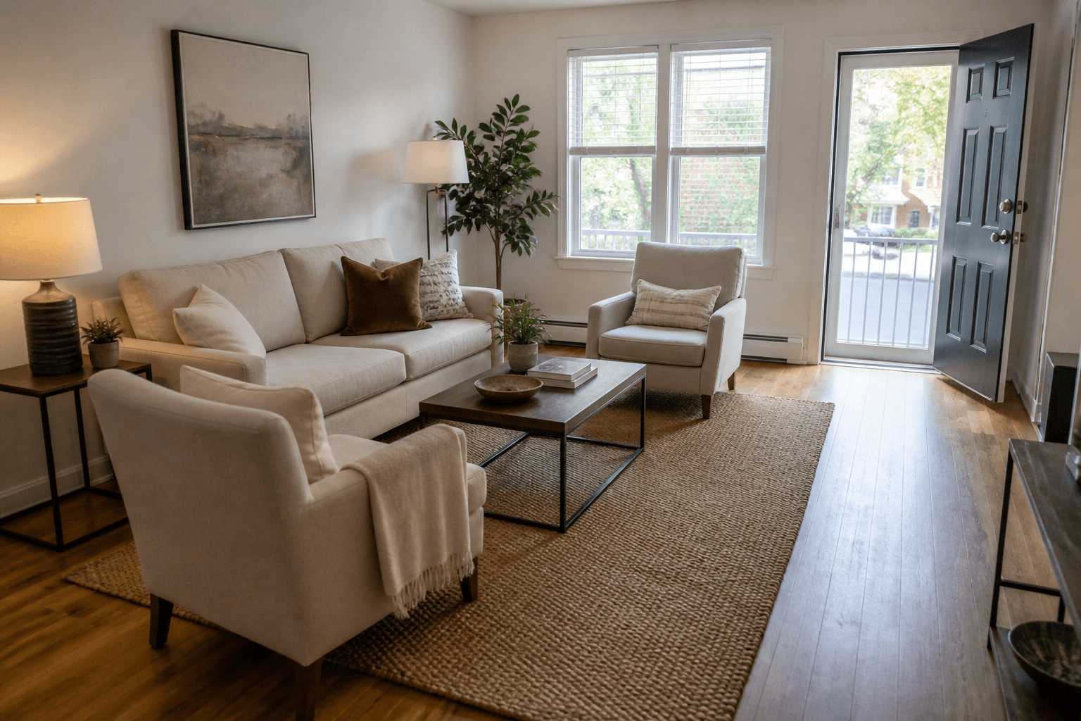 Beige sofa and chairs with front legs on a large jute rug, walk to the door clear, feng shui living room rug