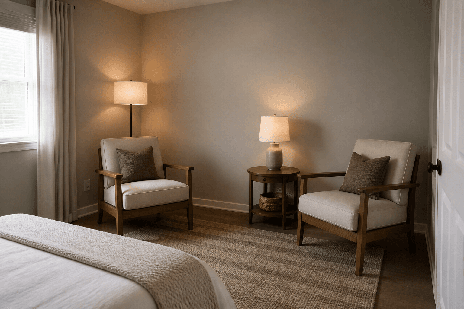 Two chairs facing each other in a bedroom corner with two small lamps