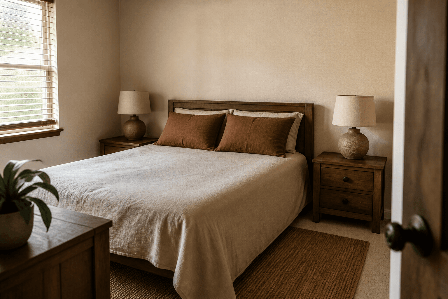 Two matching wood nightstands and two lamps on a made rental bed, feng shui love corner