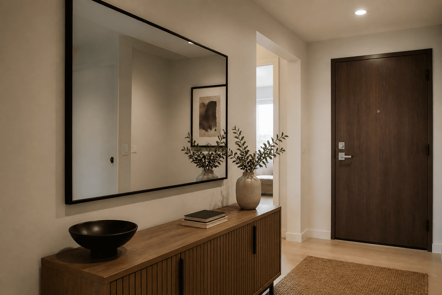 Entry mirror on a side wall next to a wood console, front door not head-on in the glass, feng shui mirror facing front door