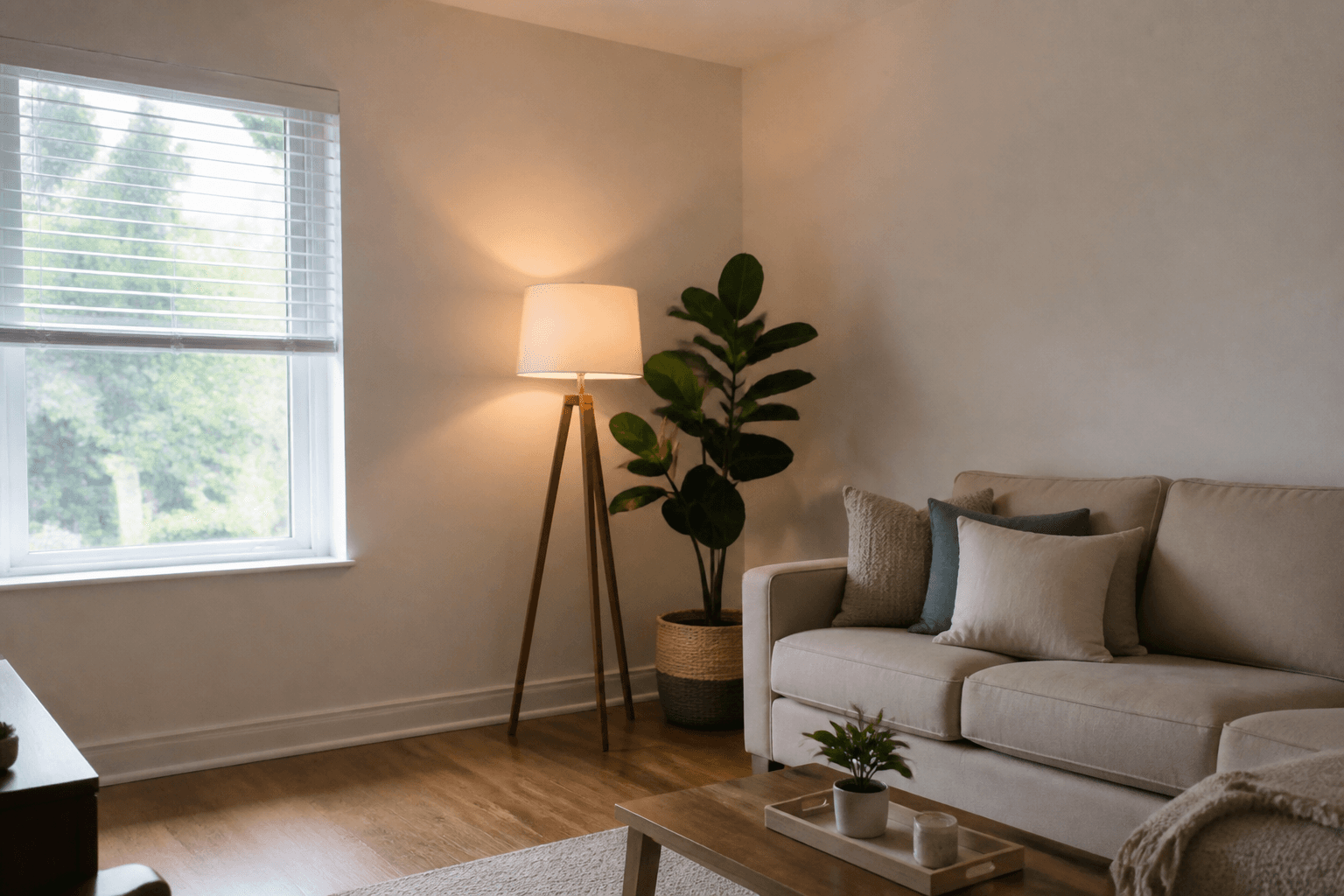 Cream living-room corner with a lit wood tripod lamp and a tall plant in a basket, beige sofa, feng shui missing bagua corner