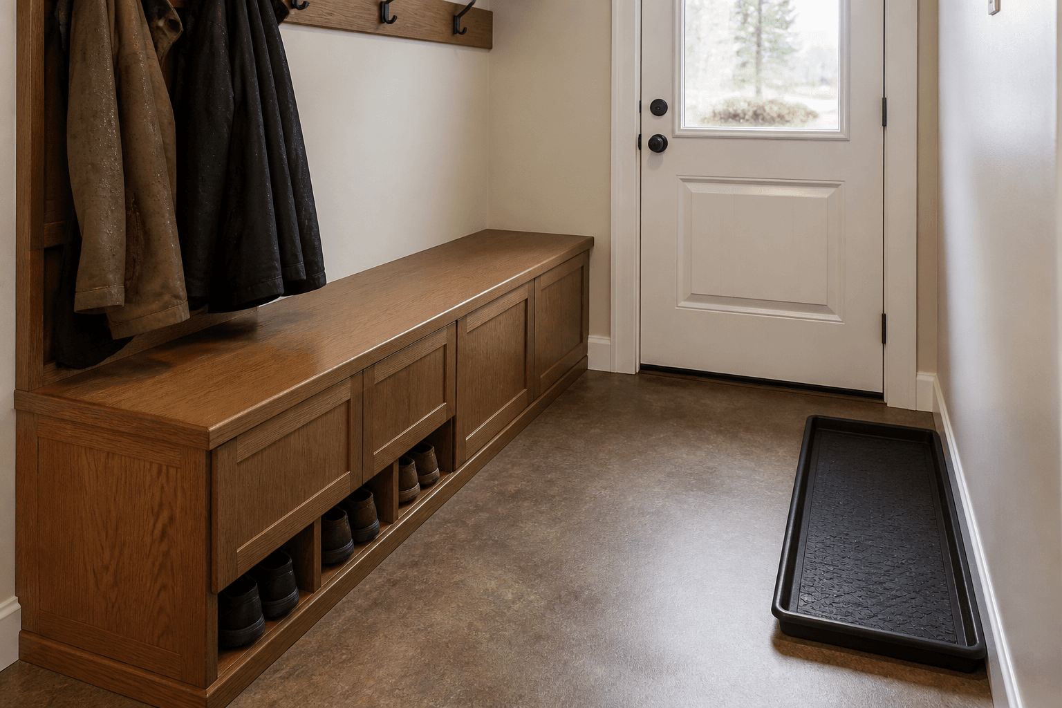 Closed oak mudroom bench, side-wall coat hooks, rubber tray, clear walk from the door, feng shui mudroom