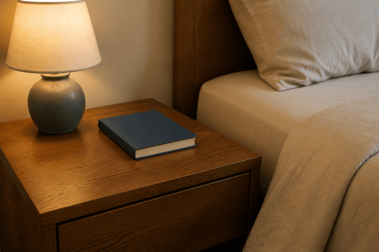 Nightstand top near the mattress, lamp and a closed book, beige duvet