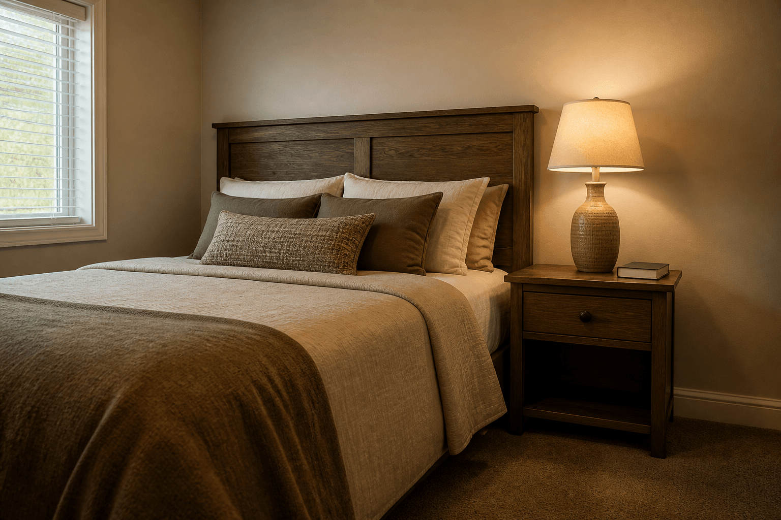 Wood nightstand at mattress height with a warm lamp and a book, beige duvet, feng shui nightstand height