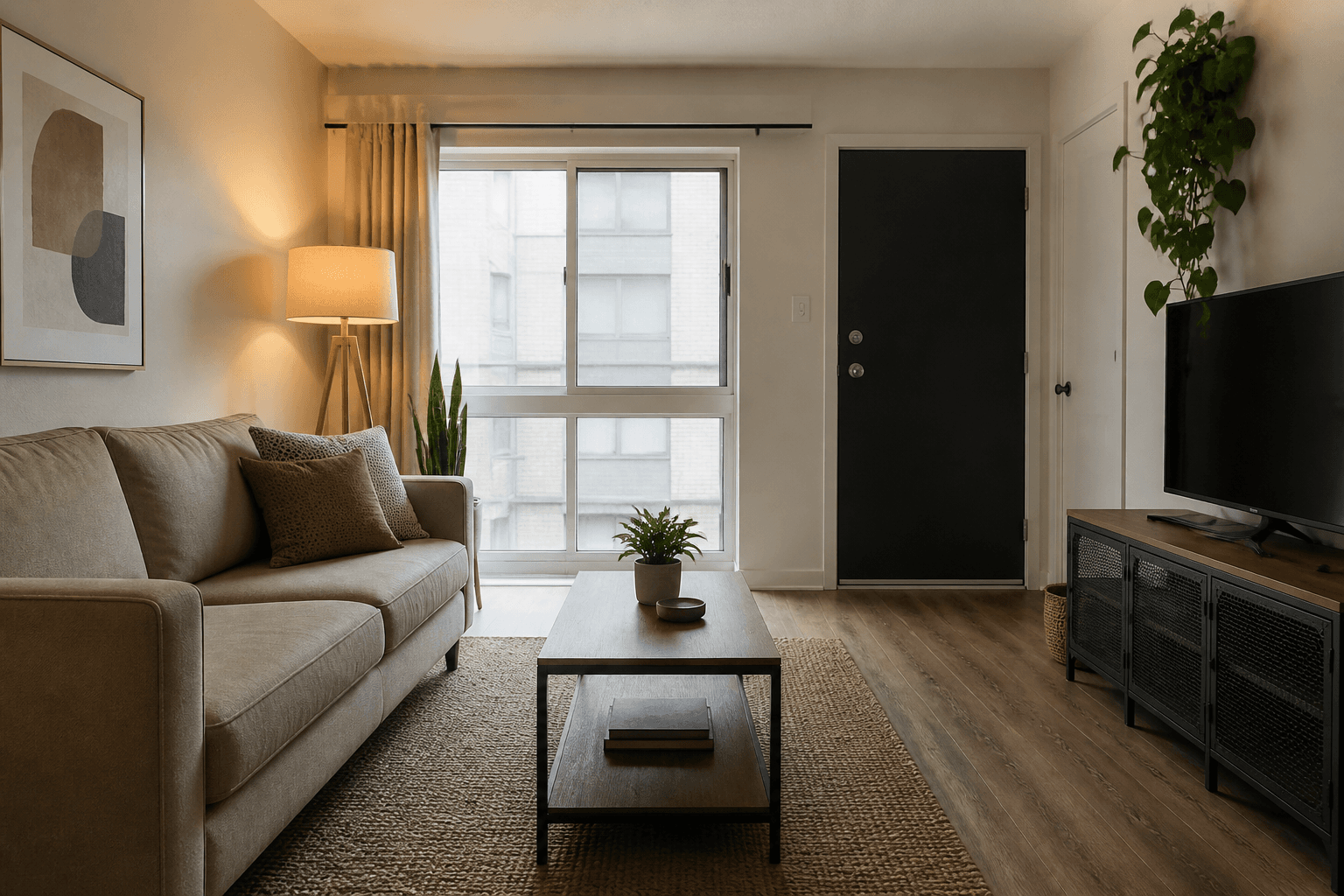 North-facing rental living room with cool window light, beige sofa, lit wood tripod lamp, matte black door, feng shui north-facing house
