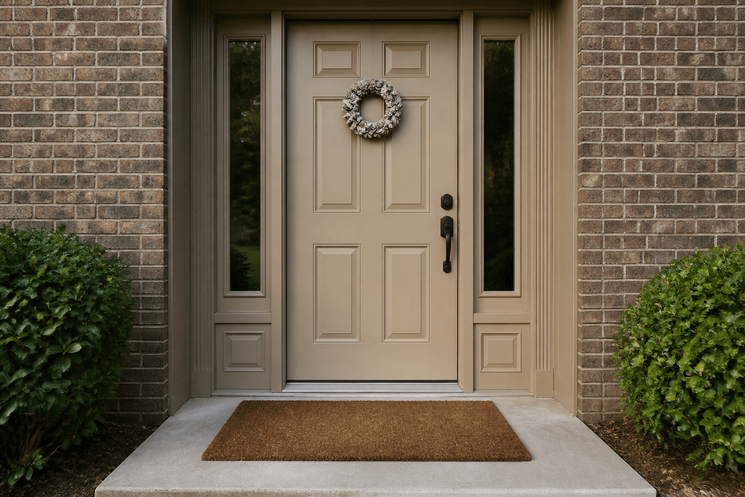 Beige six-panel door with a pale wreath and a brown fiber mat fully on the stoop