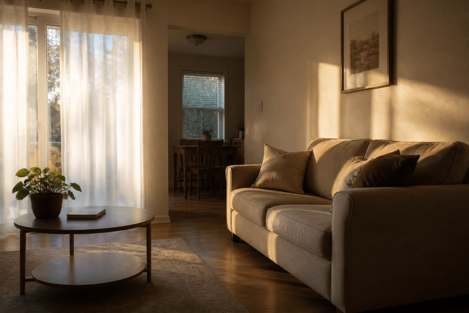 Afternoon side light through sheers on a beige sofa pulled off the glass