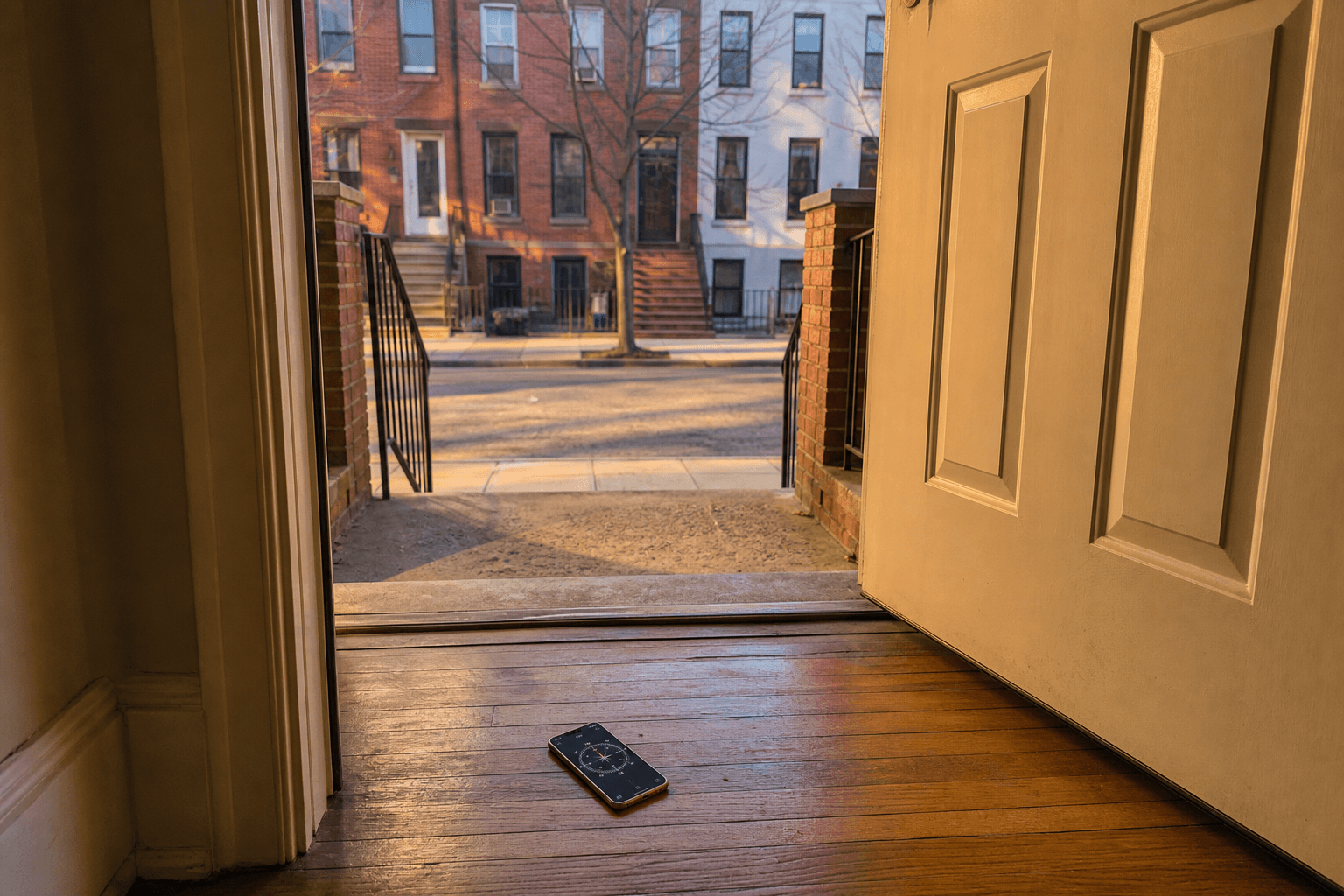 Open beige door, phone compass on the wood threshold, late sun on a city stoop, feng shui northwest-facing house