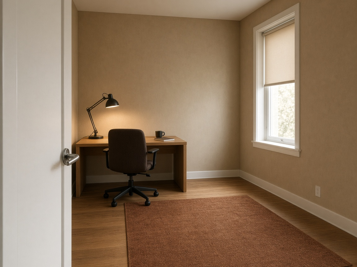 View from a white office door of a desk lamp on and a chair facing the far wall
