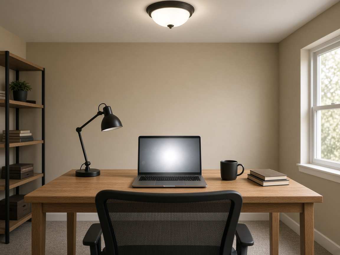 Open laptop screen washed by a ceiling fixture, black desk lamp off, side window