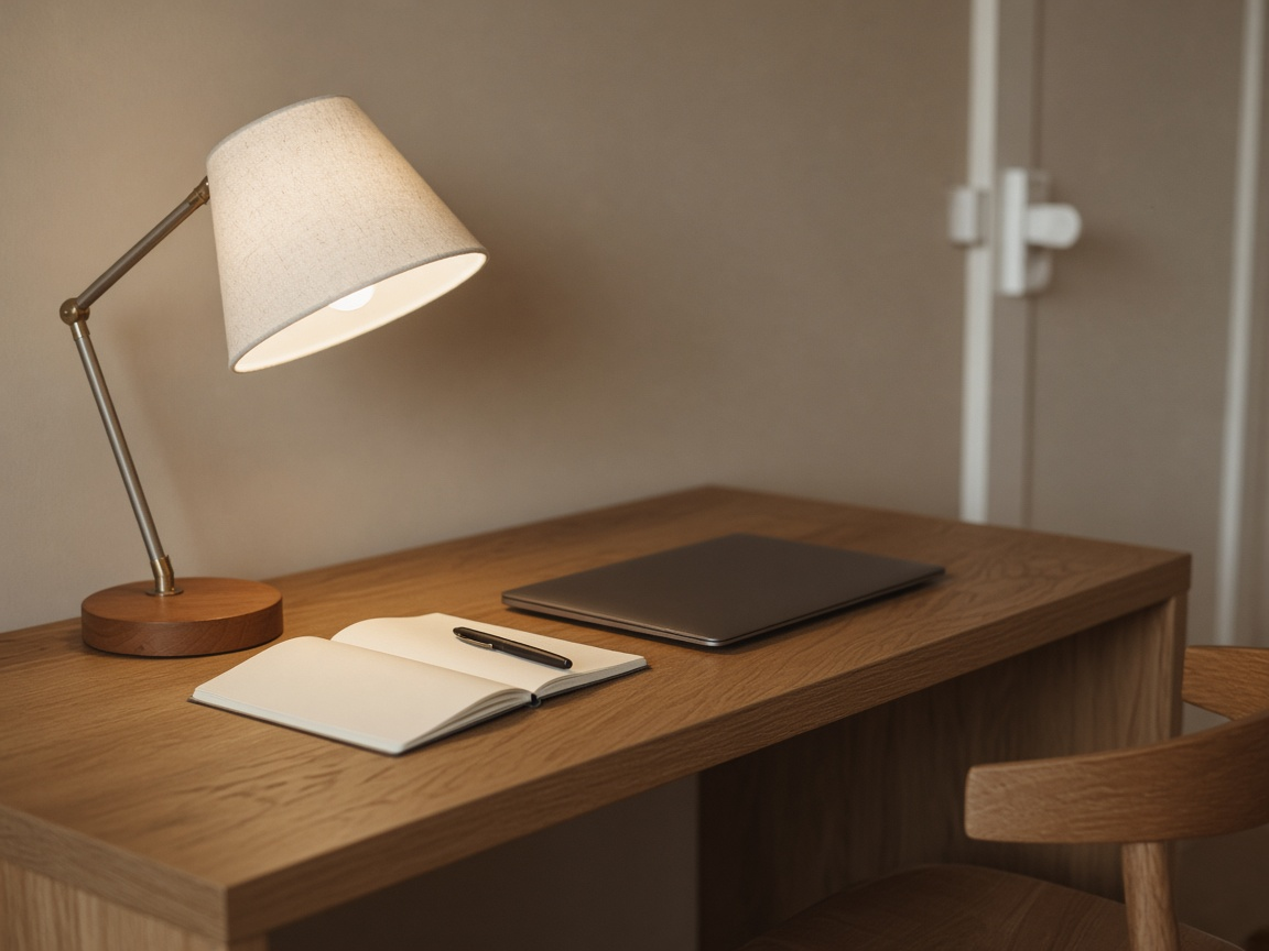 Linen shade task lamp lighting an open notebook and a closed laptop on an oak desk