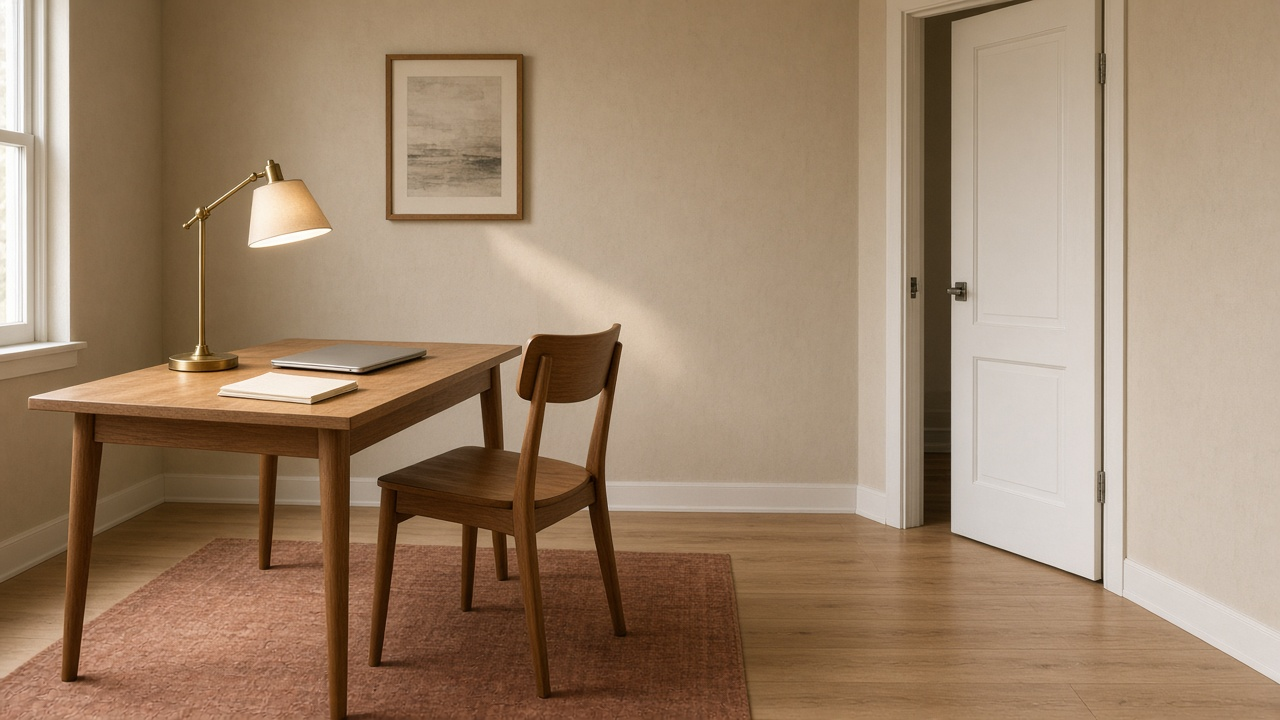 Oak rental desk with a brass task lamp on, notebook and laptop, white door open, feng shui office lighting