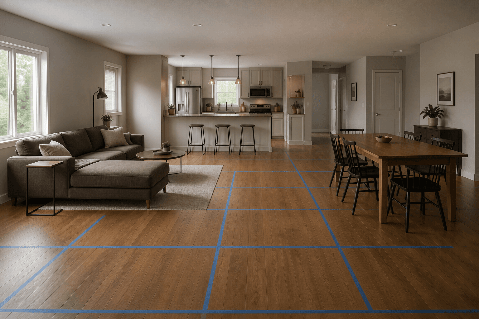 Painter tape on the floor of an open rental marking a simple 3x3 grid