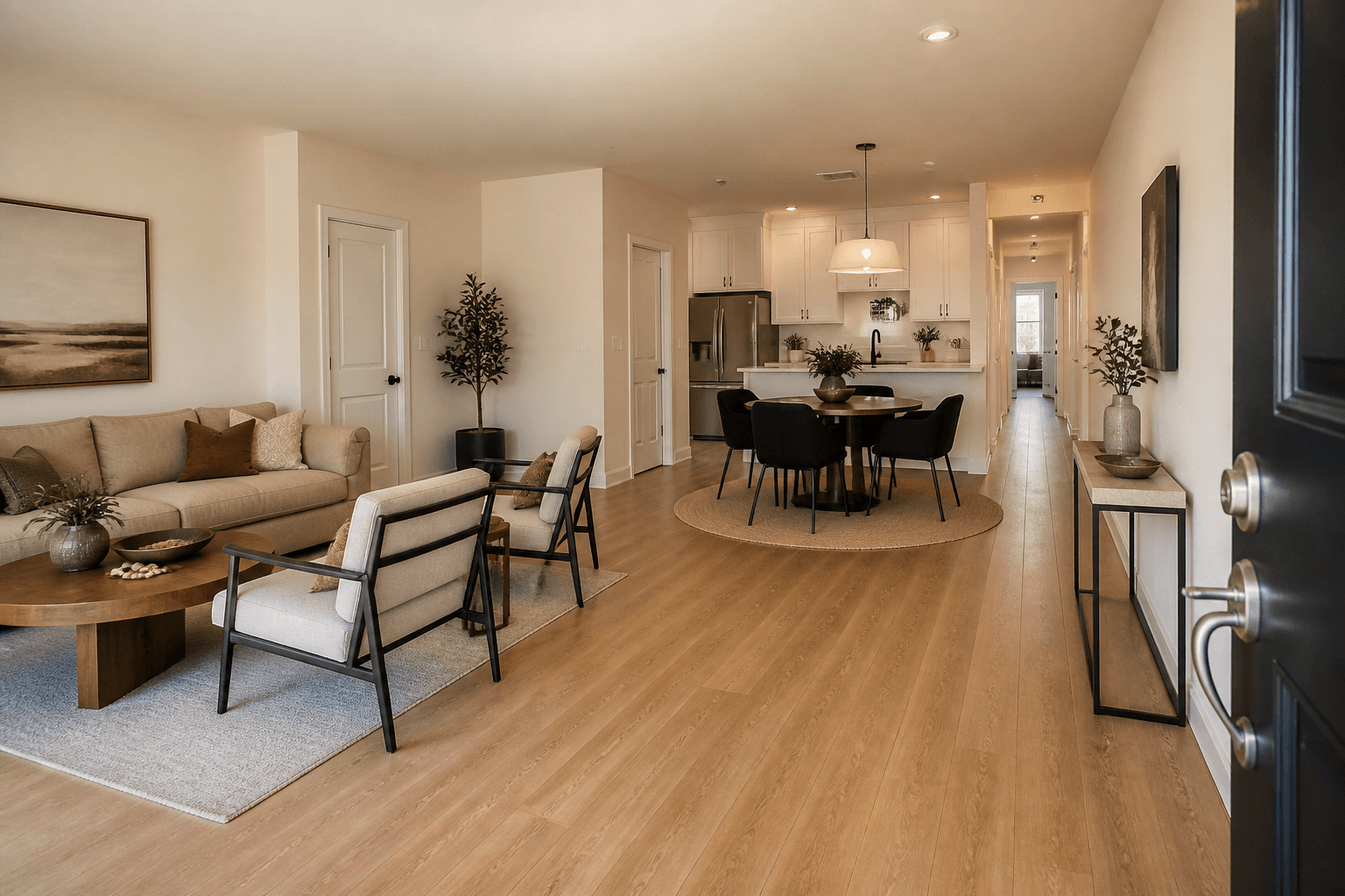 Rug defining a sofa zone and a round table defining dining in one open room
