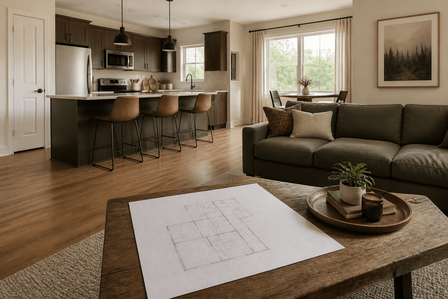 Open kitchen-living volume with a paper floor plan on the table, feng shui open floor plan bagua