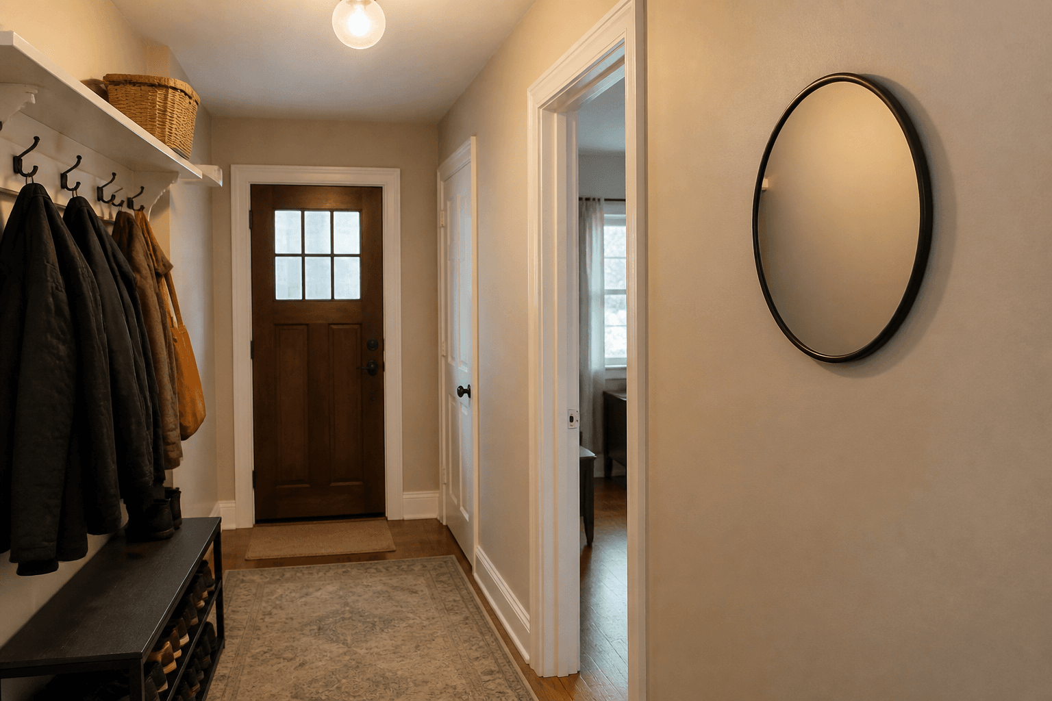 Entry hall with coats on hooks, round black-framed mirror on a side wall, no bagua indoors