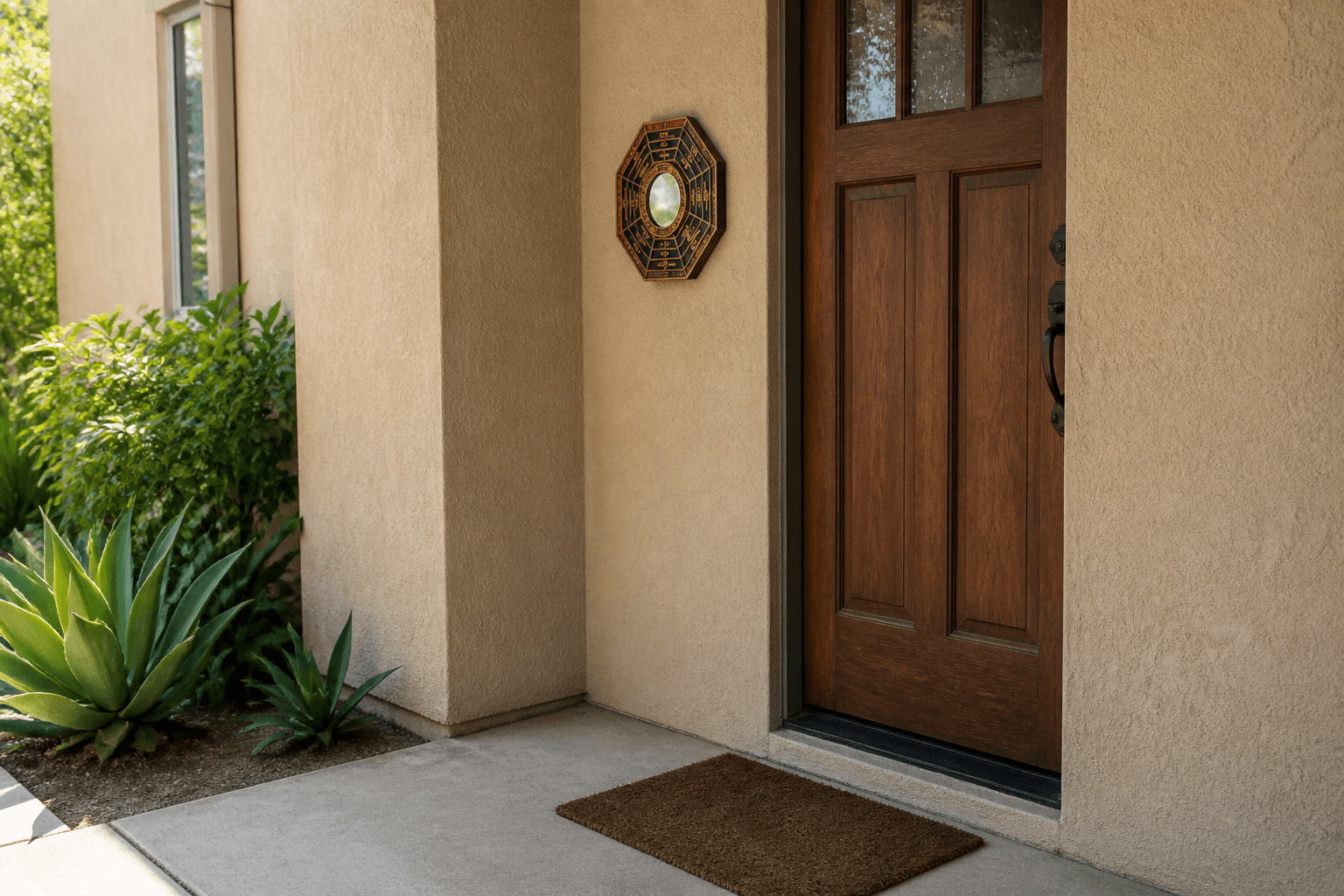 Octagonal bagua mirror on beige stucco beside a wood front door, fiber mat, feng shui outdoor bagua mirror