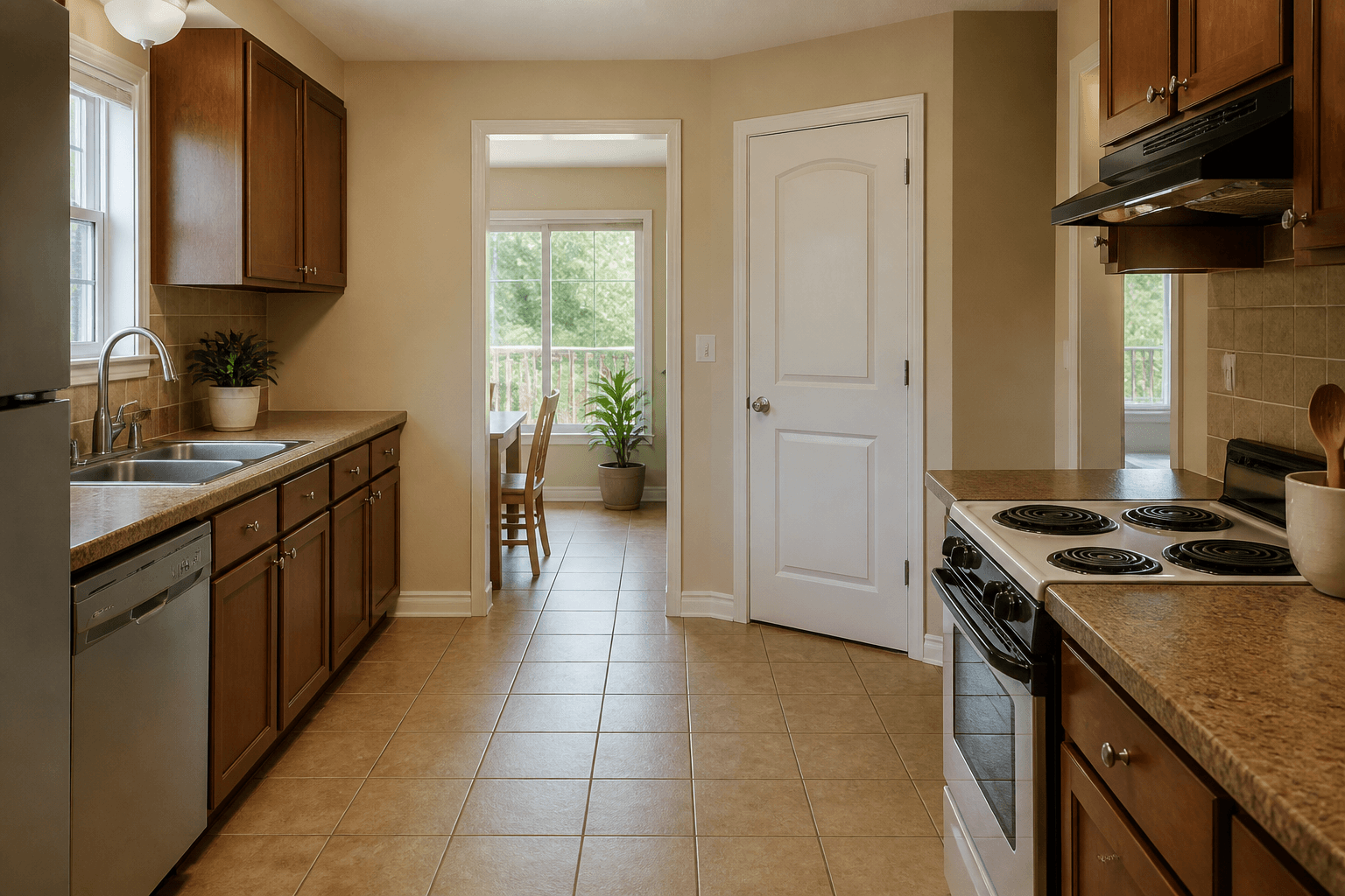 Closed pantry cupboard with a clear aisle to the stove