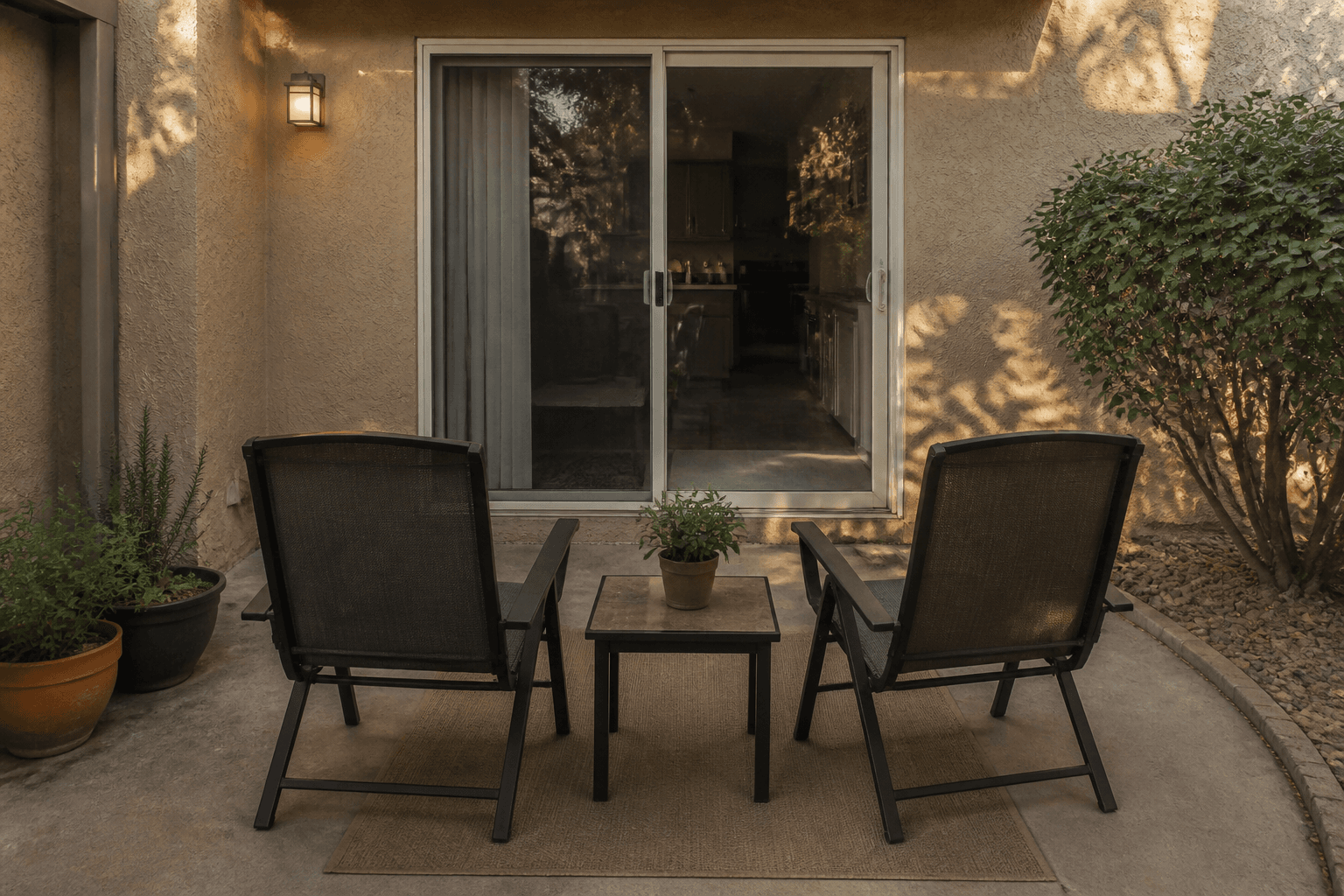 Two outdoor chairs with backs to a fence, seats toward a house sliding door, path clear, feng shui patio furniture
