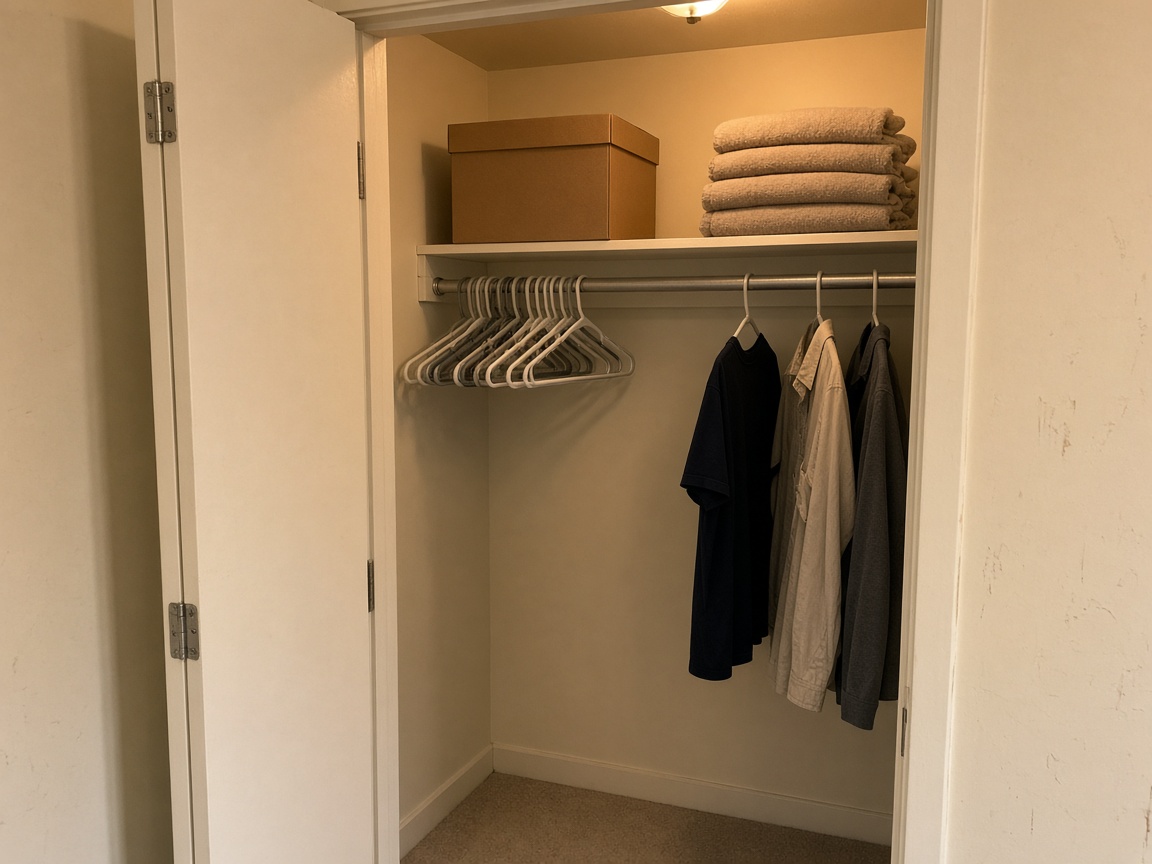 Closed unlabeled kraft box on a high closet shelf above hangers and folded towels