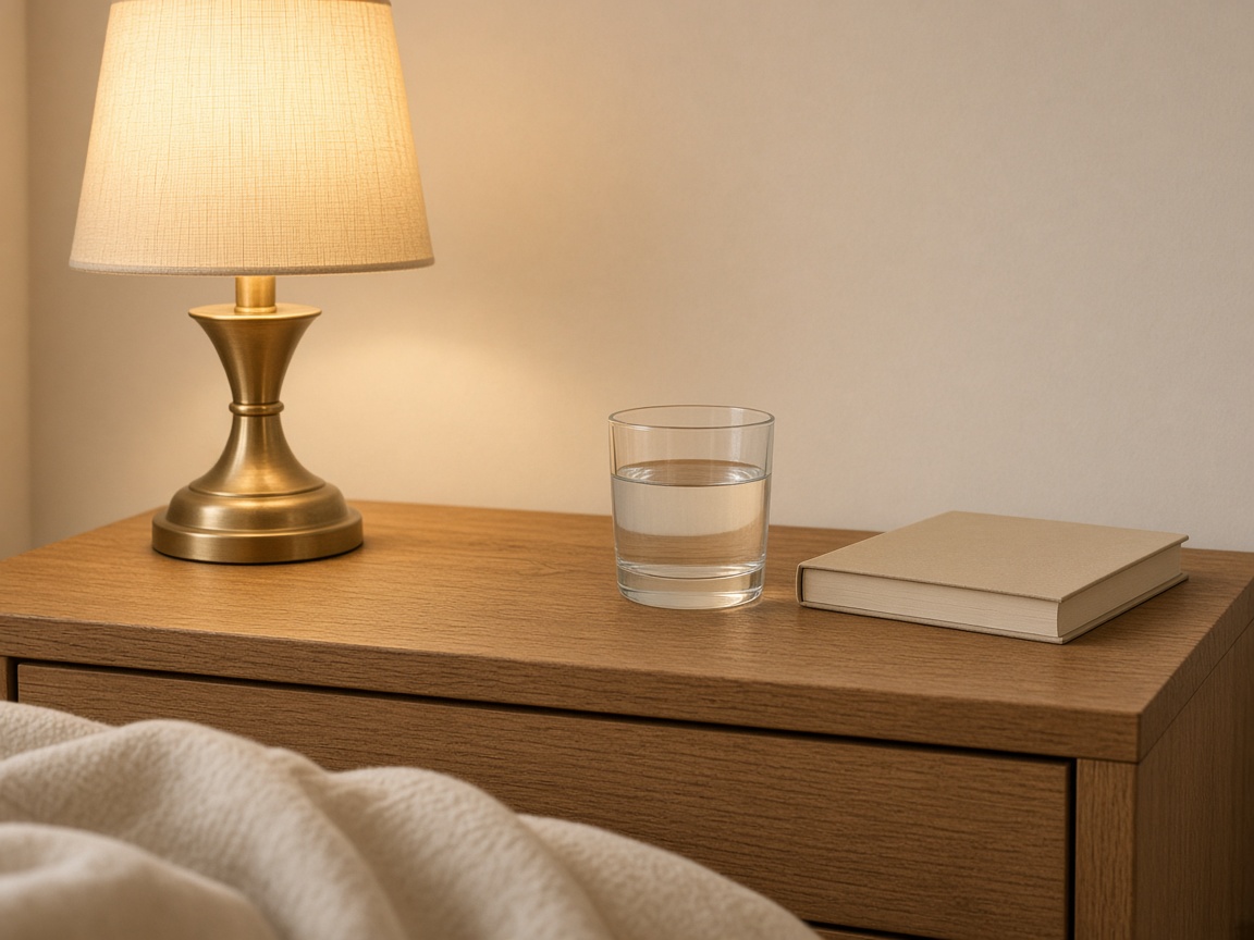 Oak nightstand with a lamp, water glass, and closed book, no picture frames