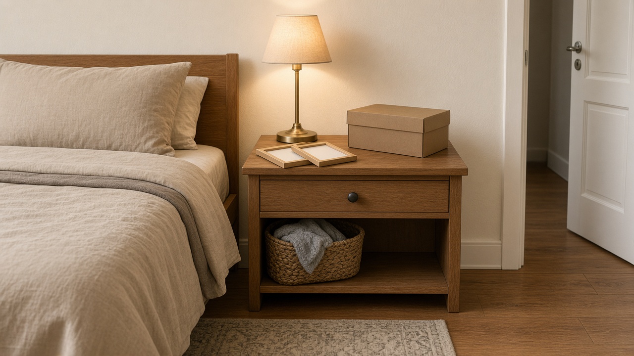 Closed kraft box and empty frames on a rental nightstand, feng shui photos of an ex
