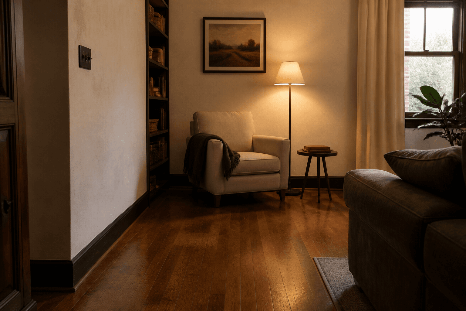 Armchair against a wall with a warm floor lamp on and a book on a small table