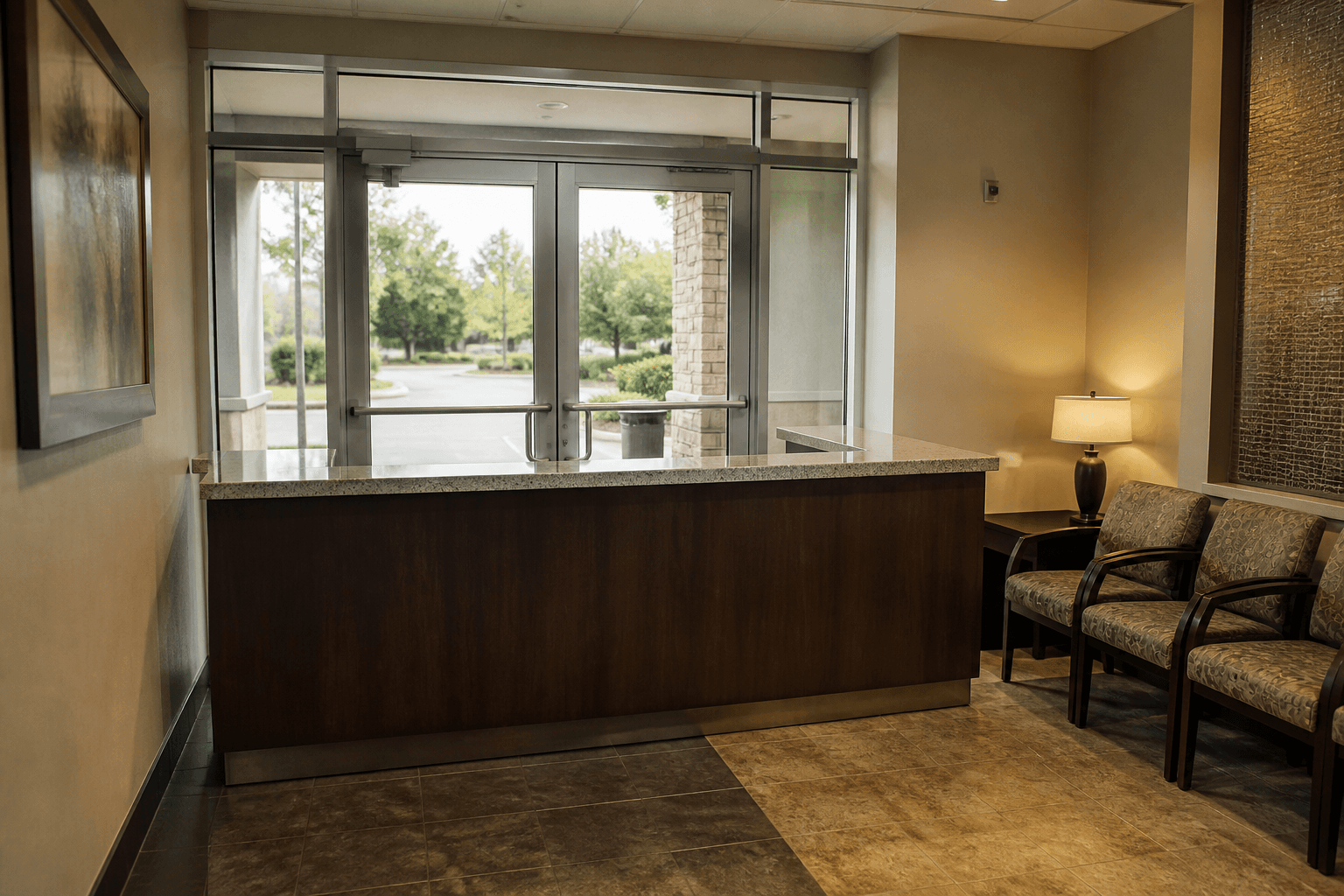 Reception desk blocking the swing of glass entrance doors