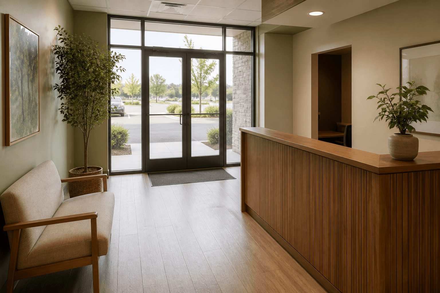 Wood reception desk to the side of glass clinic doors with a clear walk, feng shui reception desk in daylight
