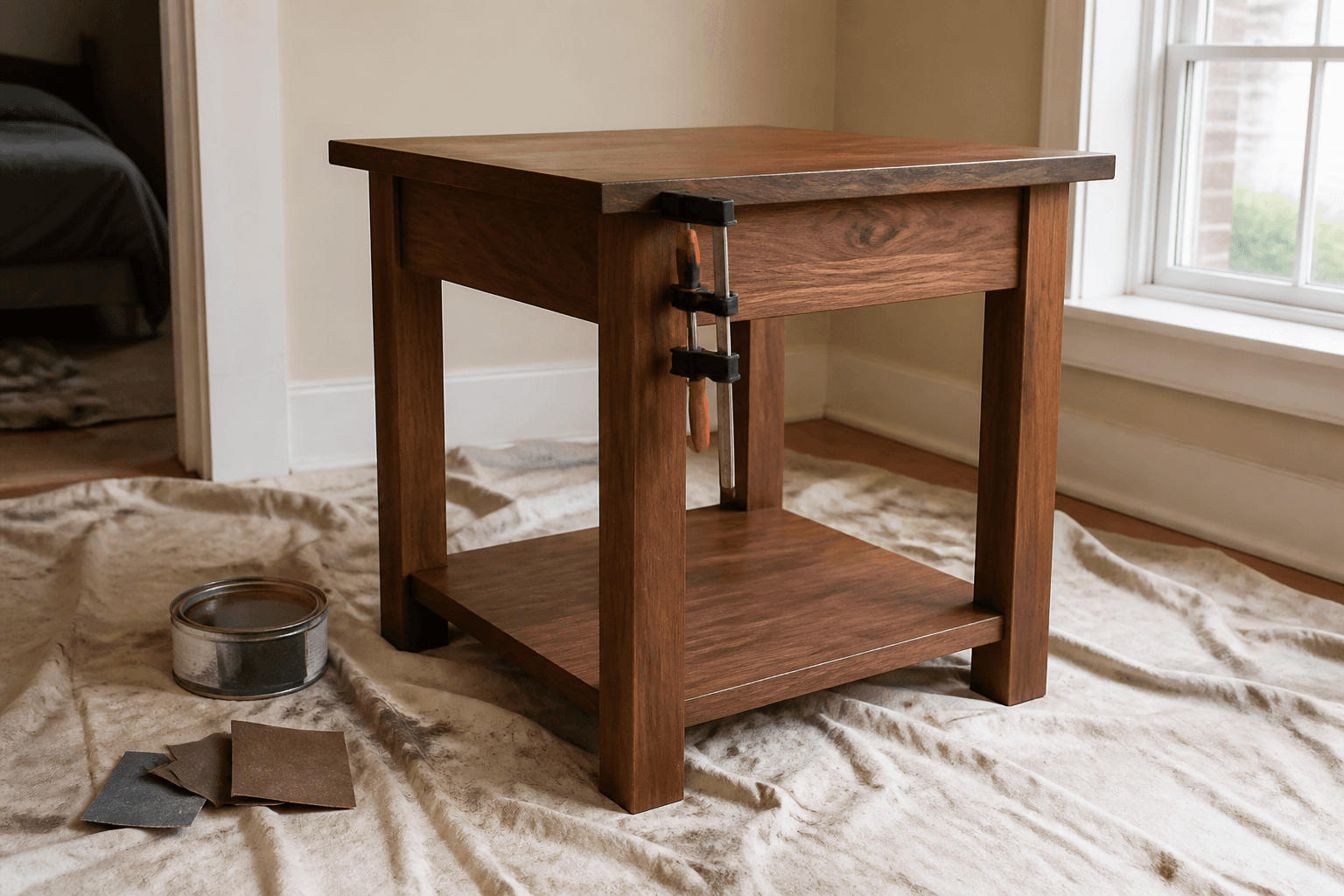 Wood side table on drop cloth, sandpaper, oil tin, clamp on a joint, window daylight, feng shui refinish furniture