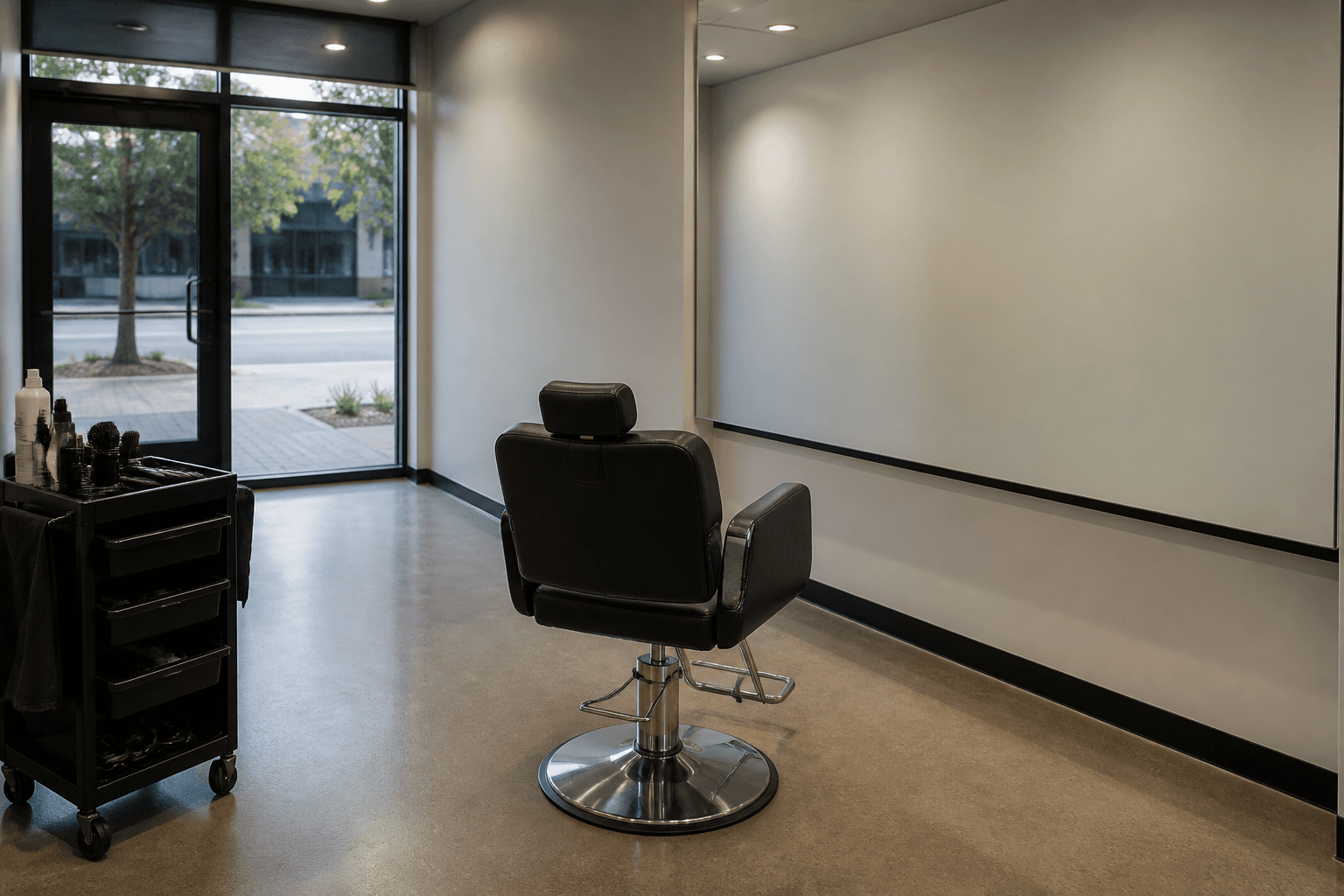 Styling chair facing a blank mirror with its back to the glass street door