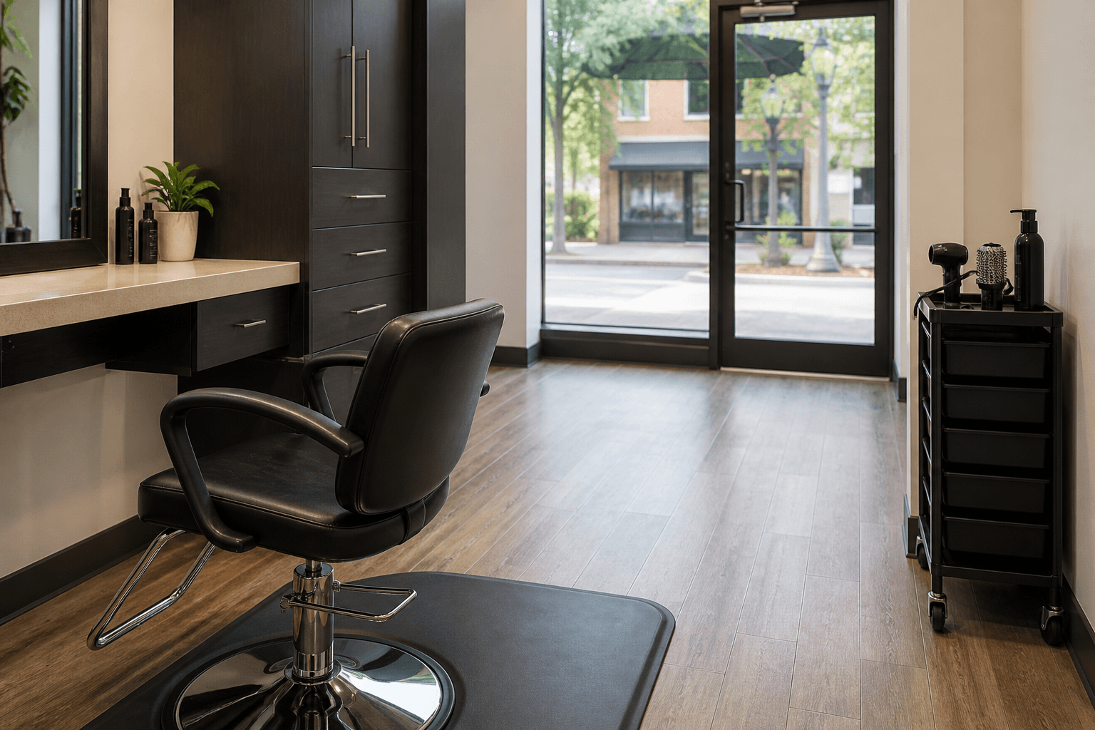 Styling chair angled toward the street door, cabinets behind, aisle clear