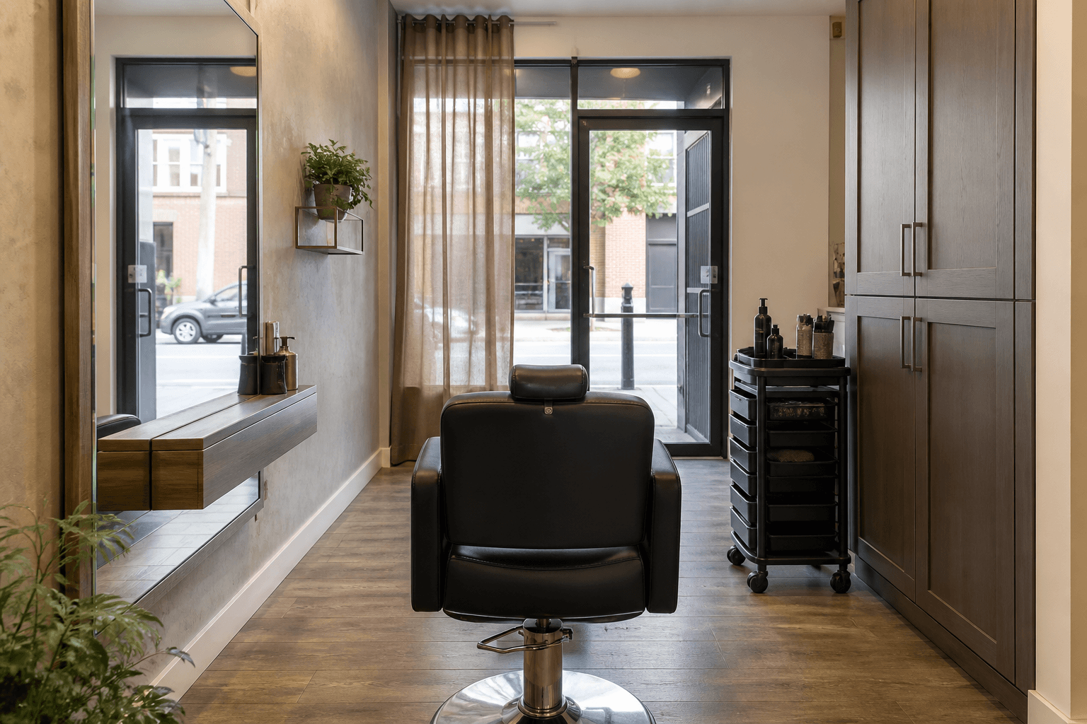 Empty styling chair facing a glass street door with cabinets behind, feng shui salon station in daylight