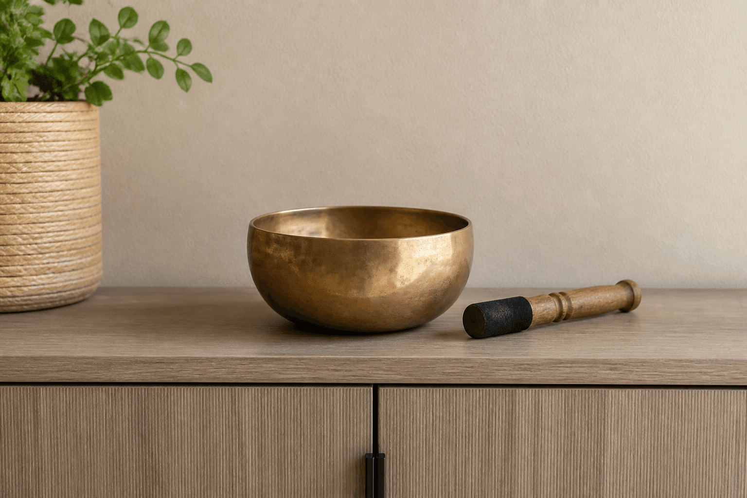 Brass singing bowl stored on a closed living-room shelf with a mallet