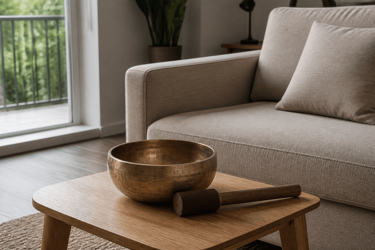 Brass singing bowl and mallet on a wood table in a beige living room, feng shui singing bowl
