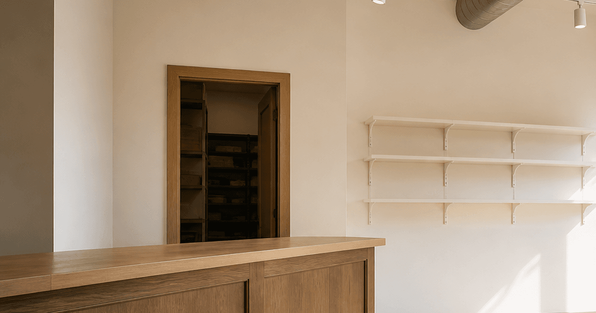 Wood shop till and stool facing the aisle, stockroom door behind, Feng Shui small shop counter in daylight